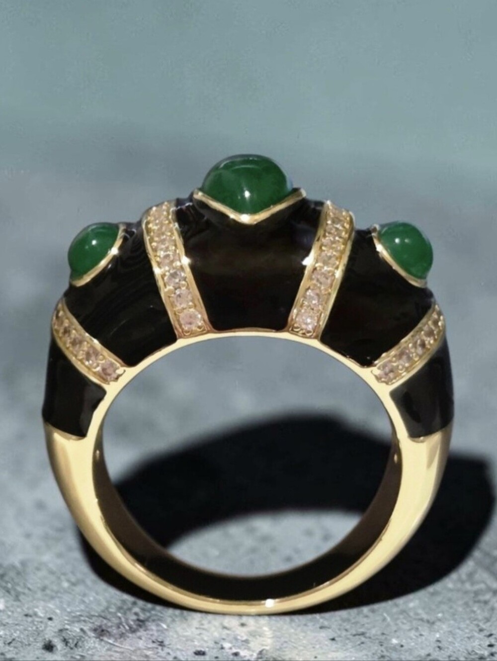 18k Gold Plated Luxury Onyx Enamel Green Onyx Cabochon Domed Statement Ring